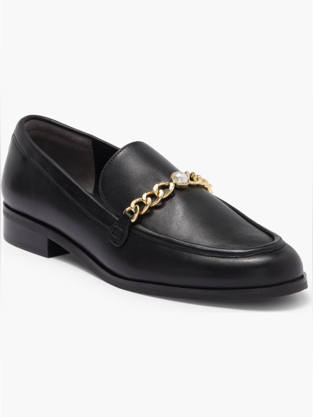NEW Stuart Weitzman Owen Pearl Chain blk leather loafers 7B